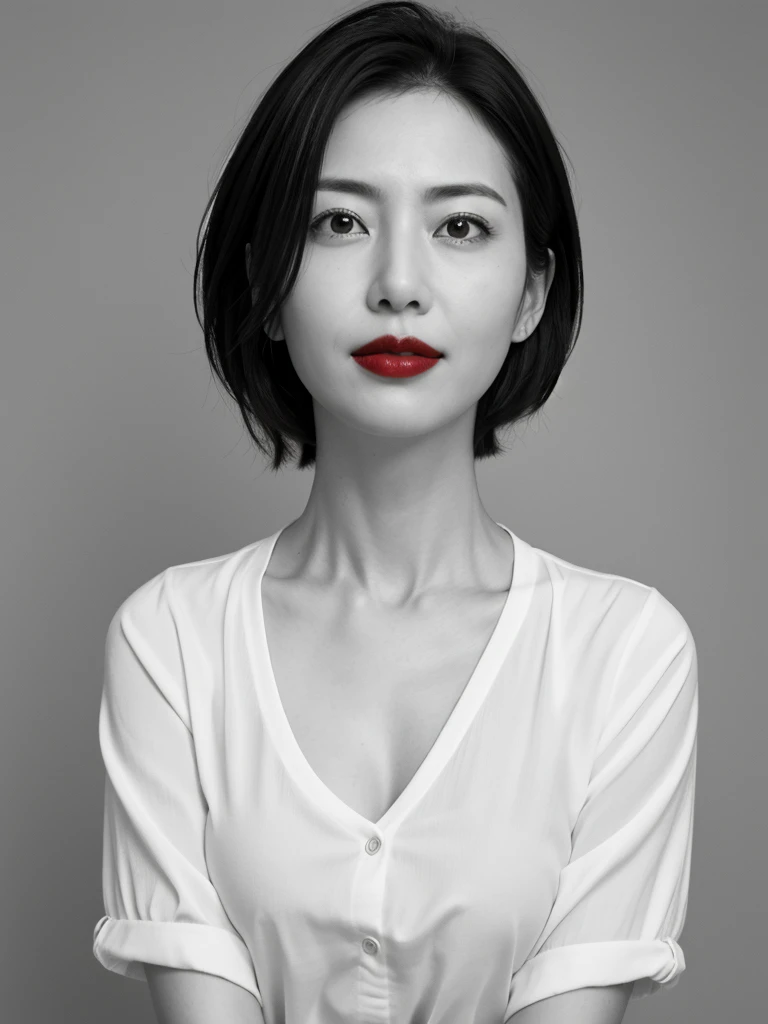 best quality, Practical, Very detailed, high resolution, 8k wallpaper, original photo, Professional photography, Reality, (((Black and White Photography))), 1 girl, (Expectations), Upper Body, short hair, Small, well-shaped breasts, Perfect face, (((Only the lips are red))), ((Looking at the camera)), (From below)