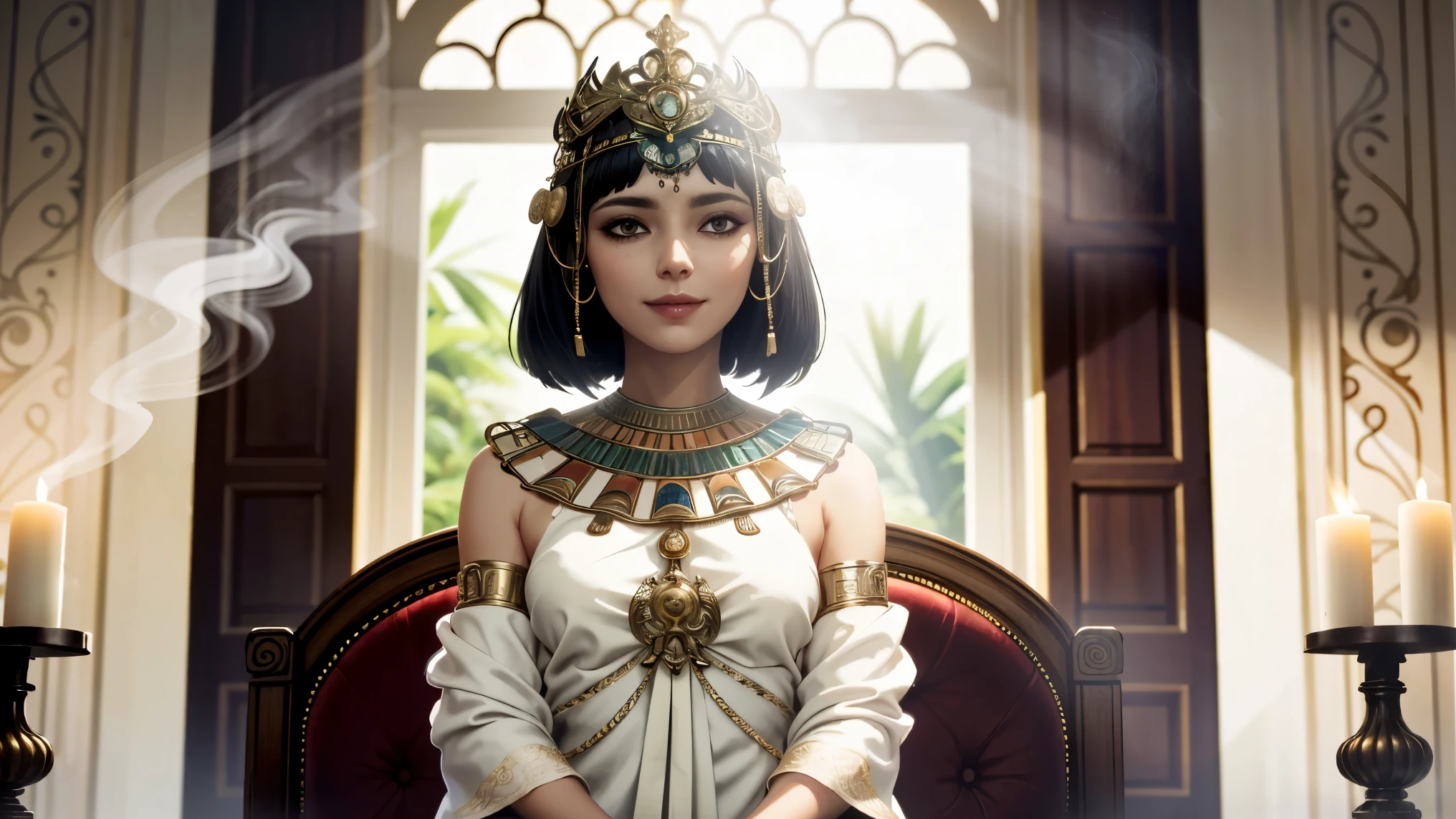 A semi-realistic digital painting of Cleopatra in a candlelit chamber, holding a small incense burner with smoke rising in spirals. She is wearing a translucent white gown with golden embroidery, and gazes gently forward with a mysterious smile. The background features warm flickering light and a richly decorated Egyptian palace interior. Sensual, dreamy, cinematic atmosphere. 16:9.
