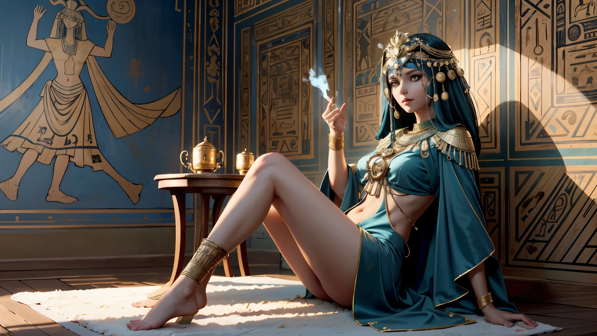 Cleopatra seated at a grand stone table, covered with maps and scrolls, in a torch-lit Egyptian war room. She wears a deep blue and gold robe, looking slightly to the side with a calculating expression. Ancient murals and hieroglyphs line the walls. Soft shadows, warm color grading. 16:9 format.
