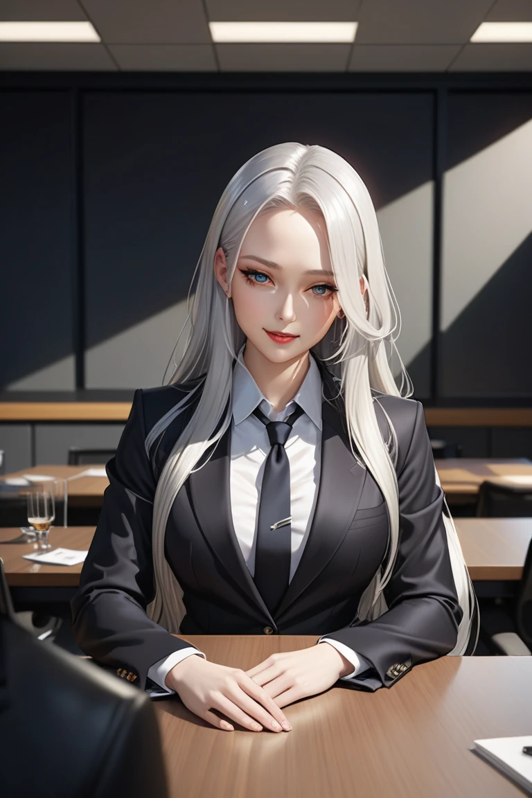 ultra detailed, absolutely resolution, masterpiece, cool beauty lewd slut, silky glossy flowing high layered platinum hair, parted bangs, forehead, lewd expression, seduction, make up, great perfect proportion, wearing the upper half of the body is a suit jacket, a shirt, a tie, and the lower half is only panties, crazy smile, company conference room, looking back, look down, (brilliant light and shadow, seamless, contrast, gradation) effects, highly detailed, sharp focus and contrast, extremely clear image, 2.5D, artistic photography, hyper realistic, effects magic, shading effects magic, lighting effects magic