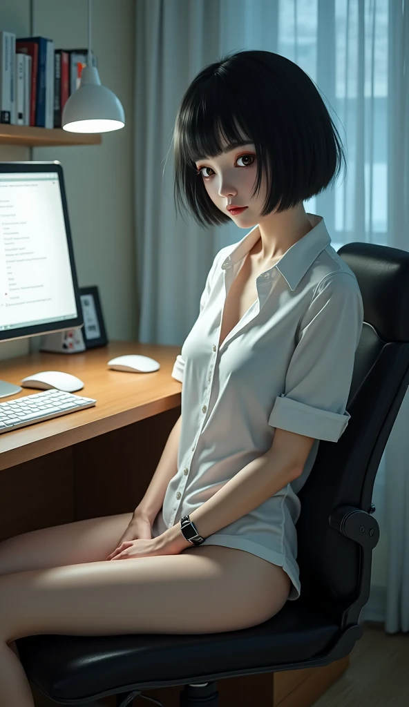una secretaria con el cabello largo y suelto, vestida con camisa de cuello, falda corta ajustada, cuerpo completo, senos grandes, small waist, manos levantada, sentada en silla de oficina, piernas abiertas, puedo ver mis bragas, bragas de color rojo.