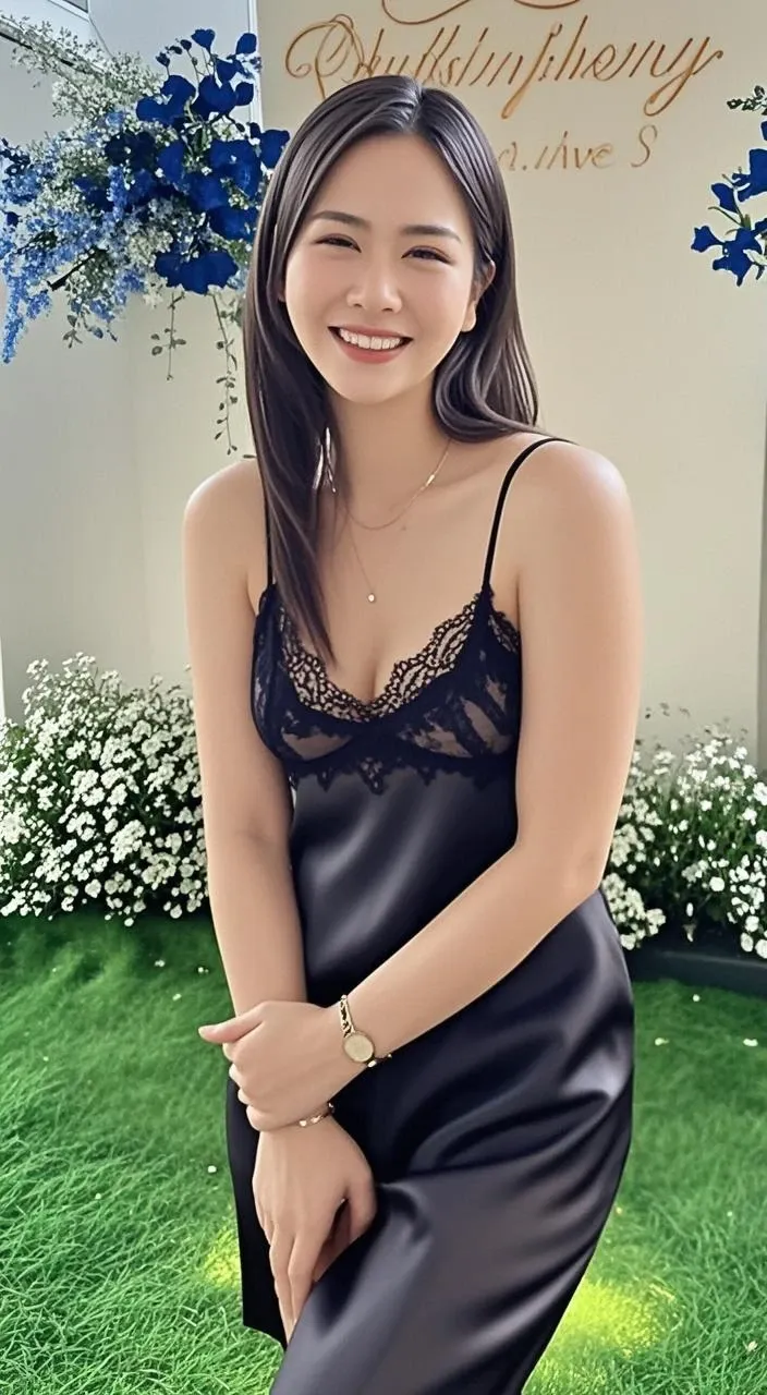 very beautiful brunette woman in sheer nightdress, 23yo, urban outfitters photo, ((upturned eyes)), ((open smile)), hair tied, makeup, medium , beautiful, ((full body perspective from front:1.1)), blushing, sitting in front of me on chair, hourglass body, deep cleavage