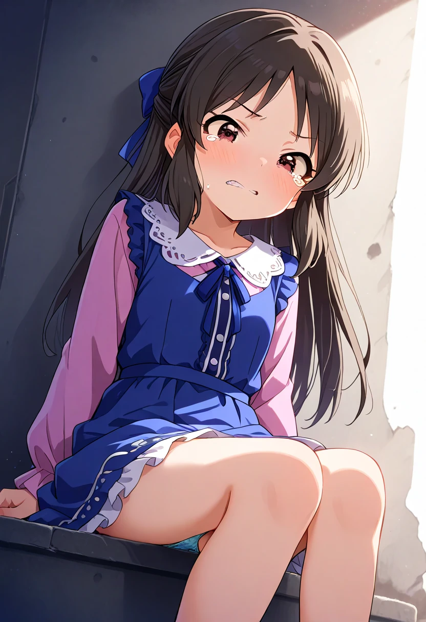 best quality,1girl,((little girl,small breasts,loli:1.3)),curvy,((orgasm,blush,saliva,saliva trail,ahegao:1.3)),angry,sweat,Arisu Tachibana,black hair, long hair,hair ribbon, ((blue dress,mini skirt,lift skirt,upskirt,kneehighs:1.1)),stage,crotchAngle,head out of frame,lower body,((have to pee:1.3)),covering crotch,(((hand between legs))),knees together feet apart,Pee,Urinating,wet,crowd,mike