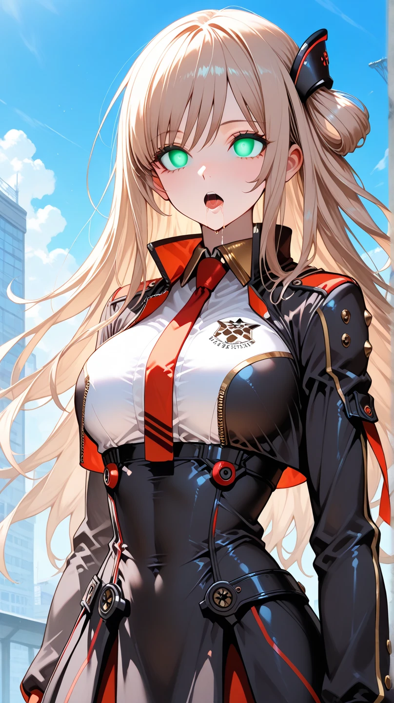 beautiful face, best quality, ultra high resnatural light, shiny skin, detailed skin, detailed face, detailed eyes, beautiful lady, blond hair, straight hair, floating hair, big hair, mole under eye, bespectacled, red frame glasses, A scene from a science fiction movie, a brilliant fantastic background, a body-hugging green metal suit, thick belt.