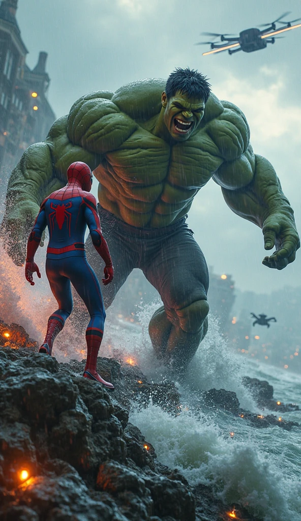 Captain america are fighting with hulk near the sea and tsunami was started