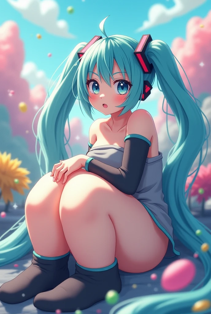 、Kindergarteners、、6 years old、's 、one person,nature,null, cloud,hatsune miku,hatsune miku, suspender skirt,Fluffy short sleeves, embarrassing expression,smile,blush,huge breasts,squatting with legs apart,cute patterned panties,I can see through my clothes,open your legs,I can see your nipples,high socks