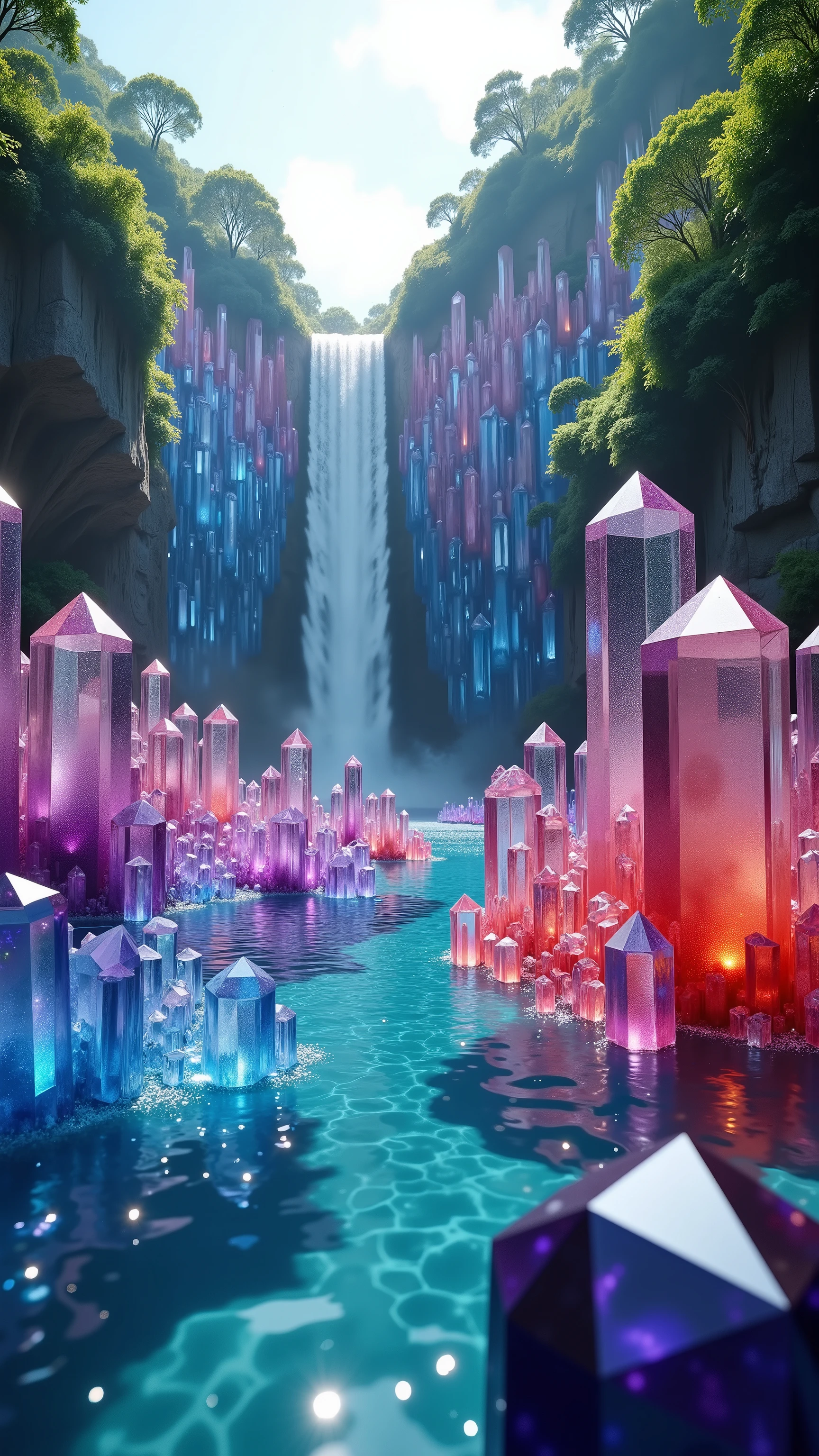 Ultra-realistic, ultra-detailed, physically-based rendering, 3D rendered, Perspective from below, a view of hundreds of giant multicolored, translucent quartz crystals 100 feet tall protruding out of the water of a lagoon. Viewed from down on the clear/blue lagoon water looking upwards at a waterfall 800 feet above the lagoon. The cliff leading up to the waterfall is also made up of blue, purple and red colored translucent quartz crystals that are 850 feet tall, amidst a green lush jungle in full sunlight, breathtakingly beautiful, in multiple views, multiple perspectives, cinematic photography, cinematic portrait, photo-realistic, cinematography, realisticism, hyperrealism, ultra detailed, UHD, full focus, awe inspiring, stunning, avant-garde, unique, iconic style, visually intoxicating, award winning, masterpiece.