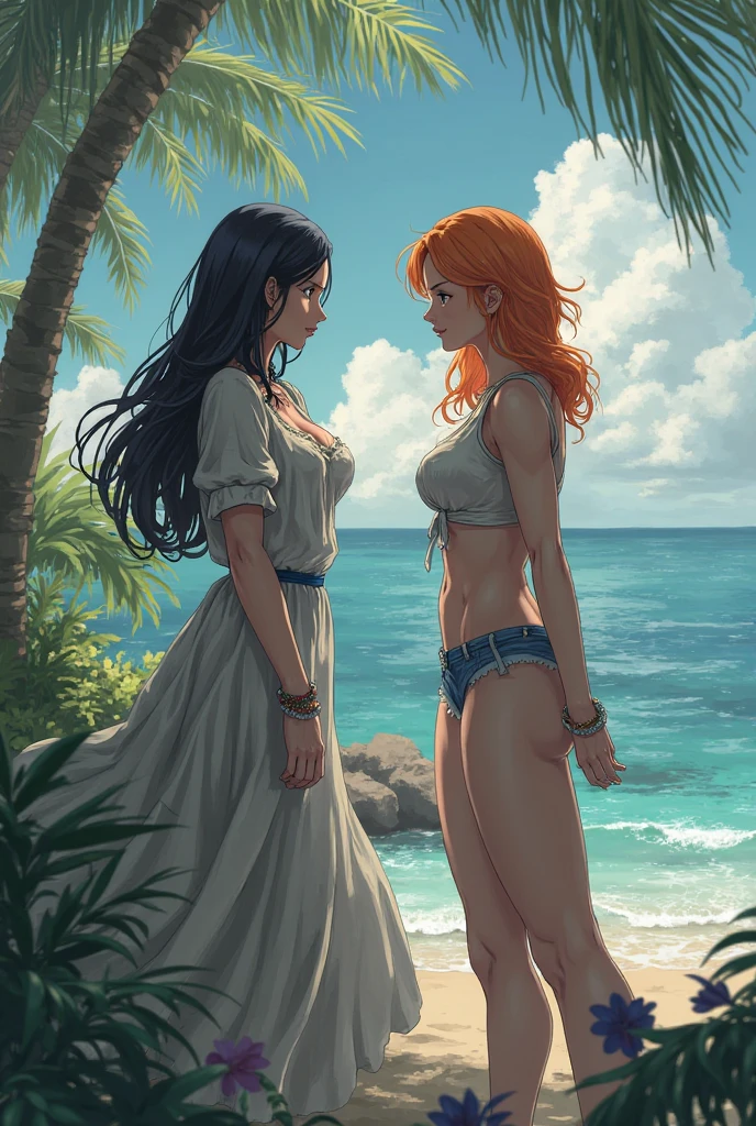Beautiful slender thin exquisite (nude) girl with a perfect face of the southern type with red hair with tender breasts with tender nipples barefoot with bare hips ((with red pubic hairs)) ((in an unbuttoned open orange shirt on a naked body and very wide long loose flared culottes)) walks along a brick road in the middle of a flowering field, in a gentle watercolor style, Discreet shades, sfumato, haze, diffused dim light, delicate mint shades, imitation of film photography, sunset lighting, Warm evening shades, warm golden and olive sunset light