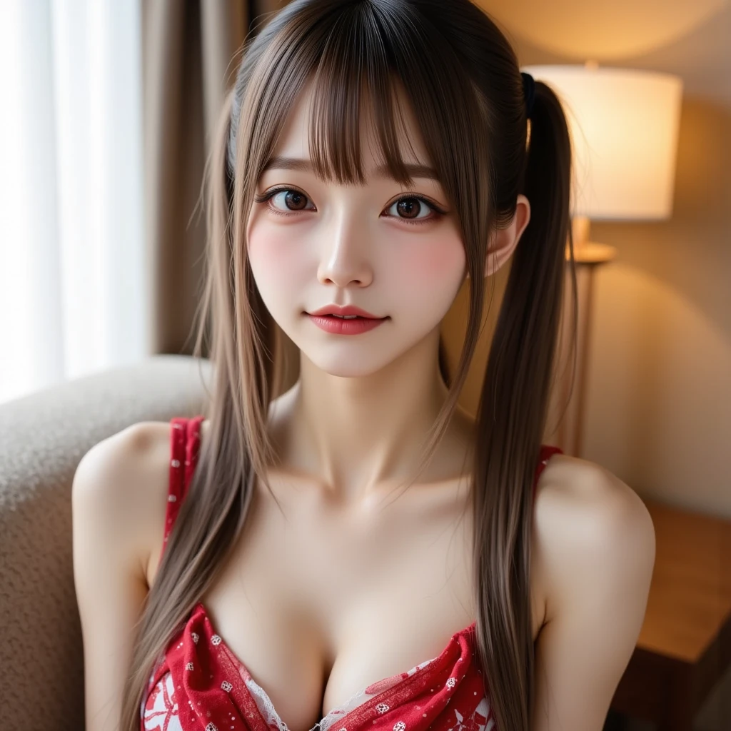 chunmomo, (masterpiece, best quality:1.2), soft light, 1girl, solo, delicate face, Detailed skin, long black hair, ,santa clothes,traditional chinese room,sideboob