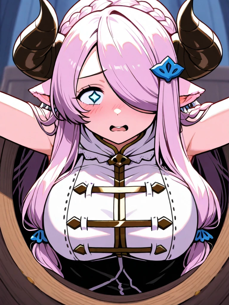 Vibrant, high-definition anime-style illustration set on a tropical beach. The layout features a central female character, Narmaya, with long pink hair, partially covered by a hooded cloak adorned with brown horns. She has fair skin, large expressive blue eyes and pink pupils, and a small blue butterfly hair clip. One eye is covered by her hair. The character is wearing a revealing black bikini with gold accents, and her hands are holding the edges of her cloak. The background showcases a pristine beach with white sand, lush green foliage, and tall palm trees. The clear blue sky and turquoise ocean complete the idyllic setting, with distant islands visible on the horizon. Narmaya and her attire are meticulously detailed. The intense effort put into shading brings this image to a realistic style. Gorgeous vibrant colors draw the eye. Narmaya's suggestive stance brings the viewers focus to her large and perfectly shaped breasts. (masterpiece), best quality, expressive eyes, perfect face, suggestive pose, purple and pink background, seductive, fantasy, 8k, absurdres, narmaya, pink hair, blue eye with pink pupil, hair over eye, draph, horns, butterfly hair clip, black bikini, hood, defined hands, perfect hands, perfect fingers,