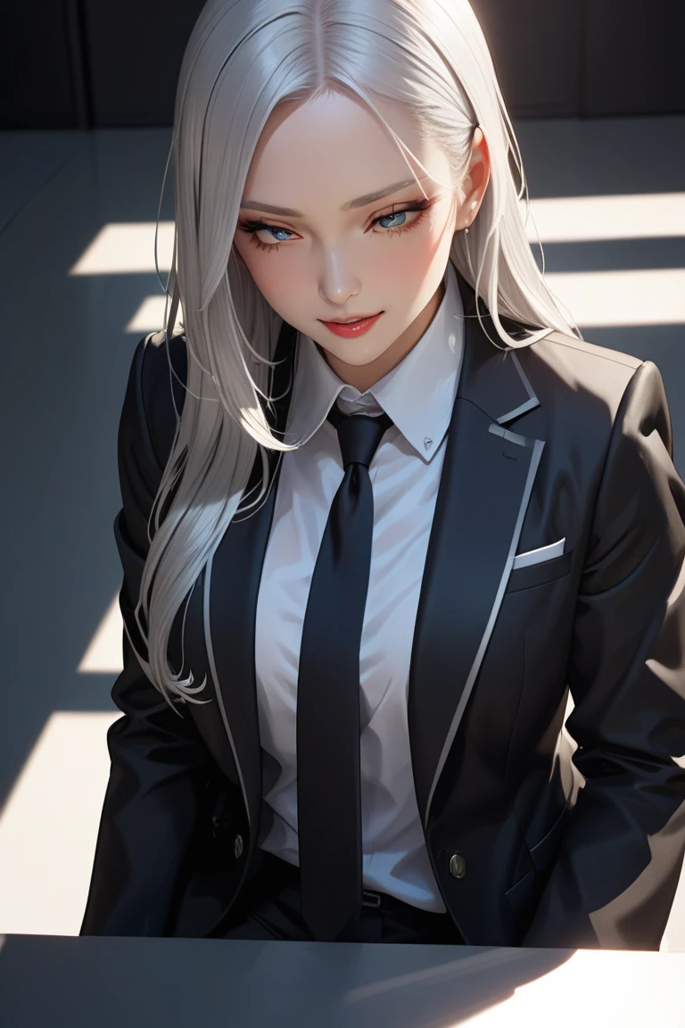 (masterpiece:1.3), (8k, photorealistic, RAW photo, best quality: 1.4), (1girl), beautiful face, (realistic face), Nice hairstyle,Realistic Eyes,Nice detail eyes,(Realistic Skin),Beautiful Skin,Ridiculous,attractive,Ultra high Resolution,an ultra realistic,RAWExtremely detailed,golden proportions, Woman wearing business outfit, formal blazer, white blouse, high waist business skirt, sheer pantyhose, beautiful, masterpiece, best quality, perfect lighting, (white hair:1.4), long hair, (grey eyes:1.2), slender build, thin, medium breasts, business woman, ceo, sitting in luxurious black office chair, giant modern window with view of dusk cyberpunk city skyline in background, close up, dusk, (cyberpunk city background:1.3), (Hazy sky:1.2), (Dim red sun:1.3), eyelashes, dark eyeliner, cyberpunk