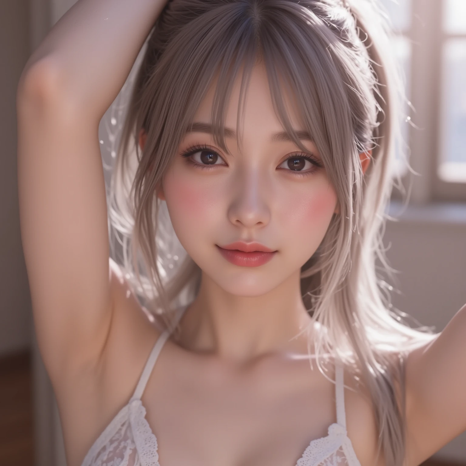 (highest quality, masterpiece:1.3), shape, ((Beautifully detailed face)), beautifully detailed skin, Intricate details, Very detailed, Best image quality in 8K, The true picture () (18 year old high school girl:Completely naked) (Large Breasts:1.2), ,A Japanese girl,Baby Face,(Detailed Hair,Twin tails:1.6,Platinum Blonde Hair,Gray Hair),Detailed lips,Open your mouth,(Sticking out your tongue:1.3),(Bedroom,Lying on the bed,Her legs are spread,Composition from above),blush,Embarrassing,A look of pleasure, Realistic Face,Realistic Skin,(sexy:2.2,Clothes are disheveled),(Vibrant Skin,Moisturized Skin:1.2),Vivid lips,Lip gloss
