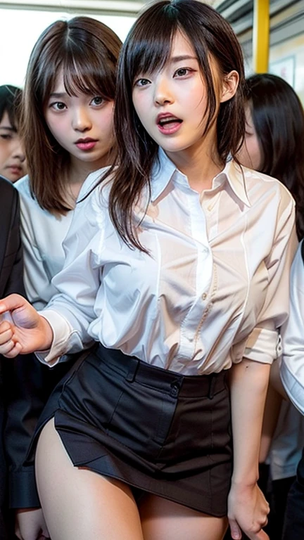 (((2 1 women))), 2 embracing, realistic skin, one with medium short hair, one with long blonde hair, real young gravure idols, 8k, (((8k, hyper realistic, realistic photo))), ((thin waist))), ((height: 165cm)), Japan , mini skirt rolled up, 8k, photo, masterpiece, best quality, Japanese high school girl, (white shirt and plaid mini skirt),((beautiful woman with golden ratio face)), very large breasts bigger than face, shirt buttons popping, large breasts overflowing, deep cleavage, large breasts popping, braids in hair, kissing, having sex, lesbian
