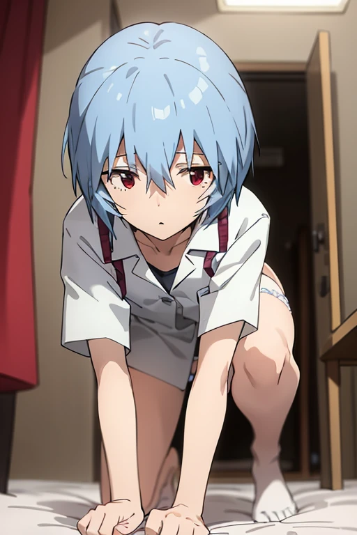 1girl, ayanami rei, neon genesis evangelion, nude,pubic hair, lying on the floor,towel around neck,one arm up,room of apartment,looking at viewer, masterpiece, best quality, very aesthetic, absurdres,angle from above