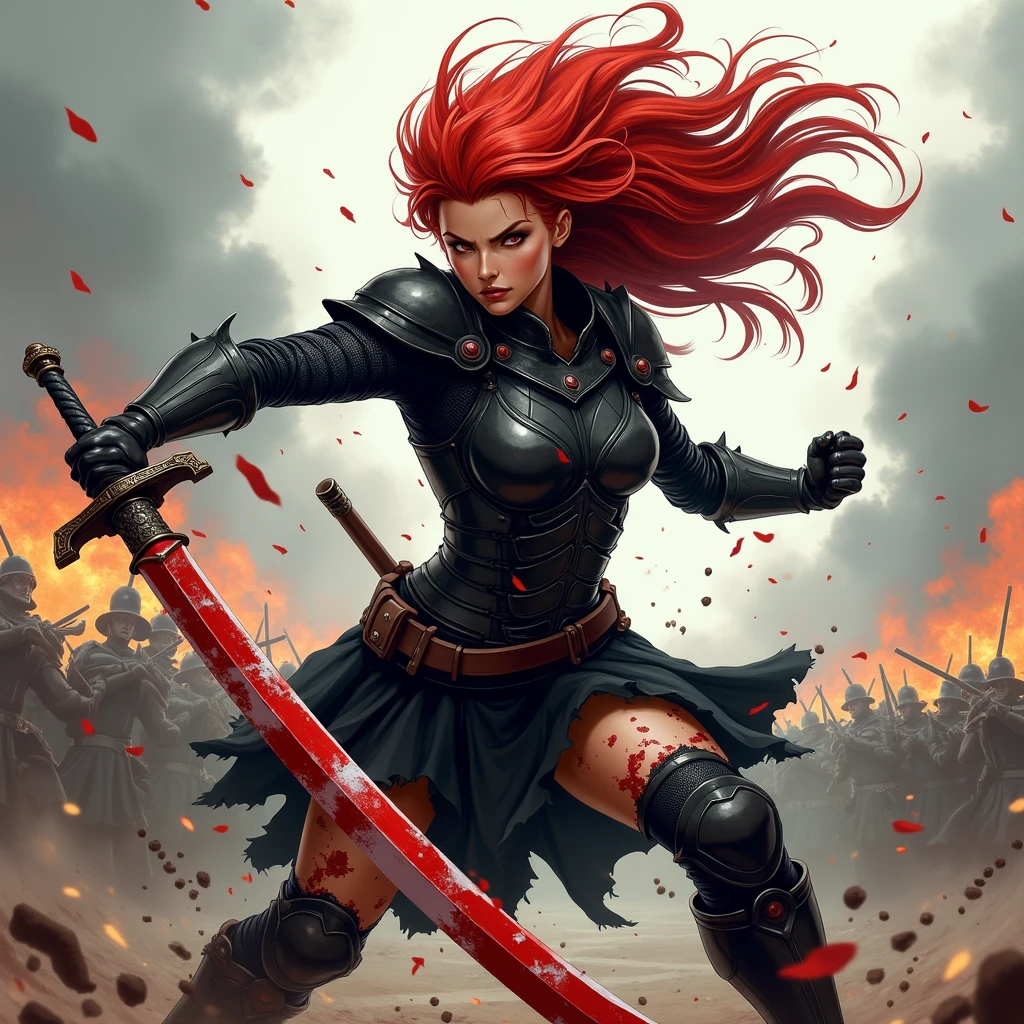 A fierce warrior woman with long flowing red hair, wielding a massive katana in a field of scarlet rot. The background shows a dark, ominous landscape filled with decaying flora."