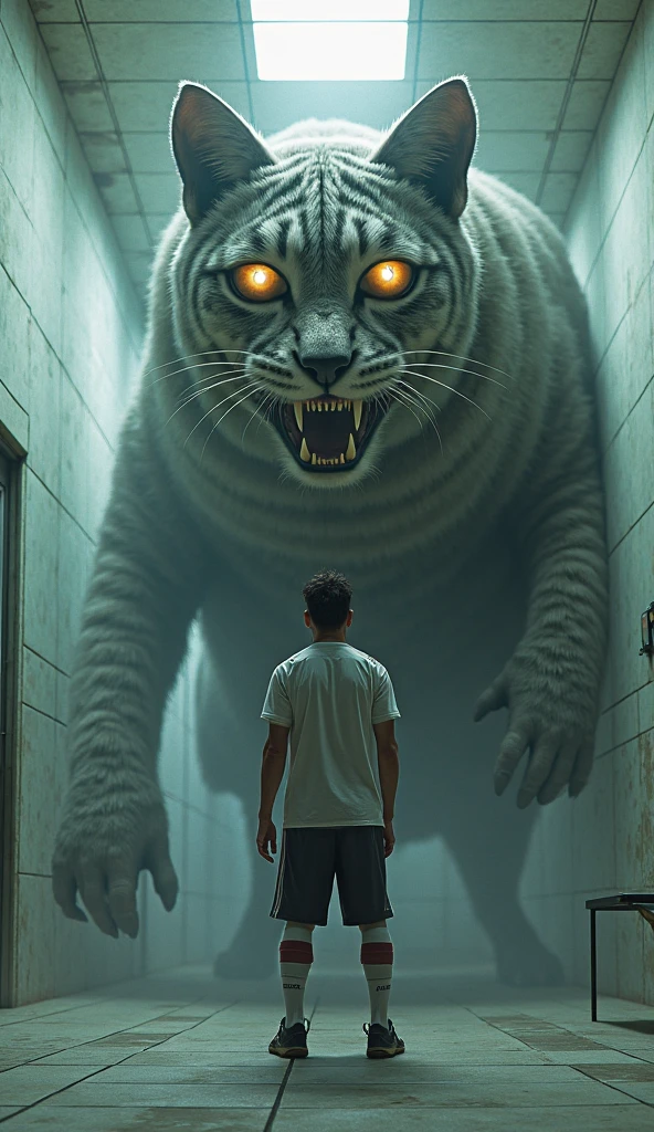 The terrified owner trying  avoid the zombie Big bodybuilder white cat while frantically calling the male doctor.