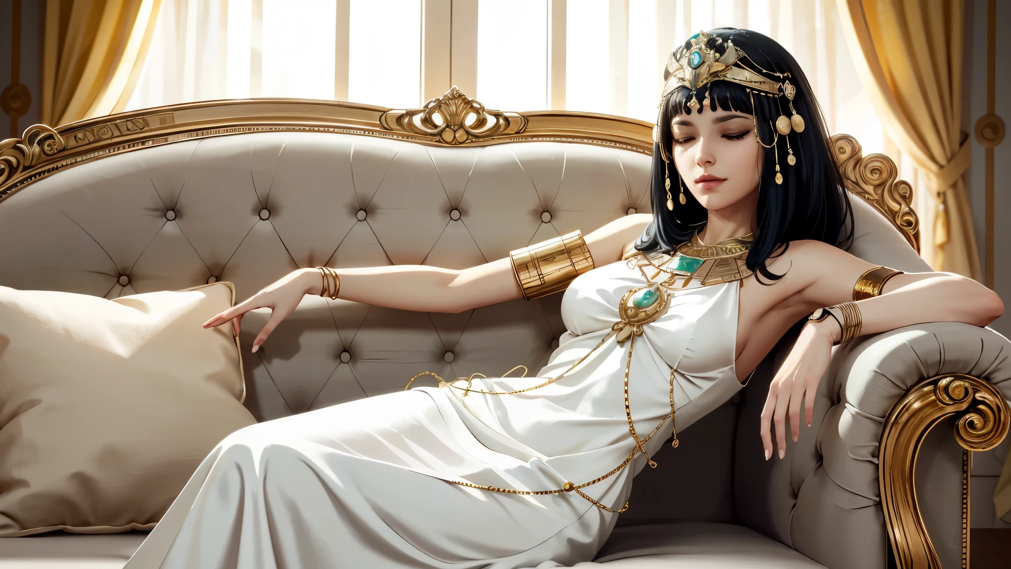 A semi-realistic digital painting of Cleopatra reclining on a white silk-covered couch, wearing a white dress with gold accents and a calm expression. A cobra lies near her wrist. solemn atmosphere. Her eyes are closed, symbolizing her legendary final moment. Peaceful, symbolic, high-contrast composition. 16:9.