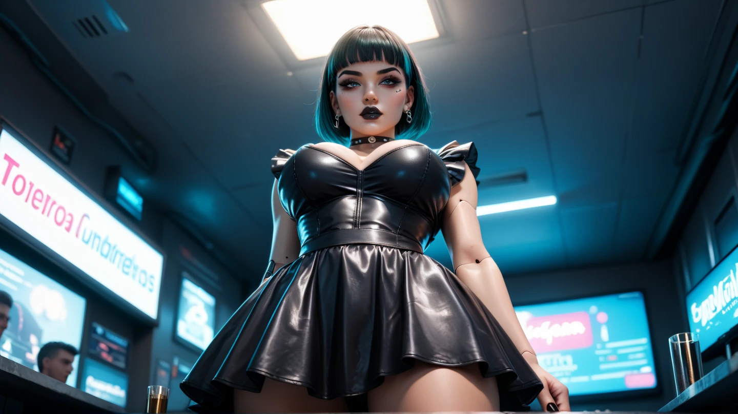 charlottefortnite, long hair, black_hair, bangs, blunt_bangs, red eyes, choker, red eyes, latex skirt, black_skirt, black latex shirt, belt, kneehighs, tattoo (masterpiece, HDR photo) BREAK droptop BREAK ((photorealistic), realistic face), big breasts, beautifully detailed woman, realistic face, detailed mouth, extremely detailed eyes_and_face, beautiful attractive face, beautiful detailed eyes, (photorealistic), pronounced feminine feature, matte eyeshadow, eyelashes, eyeliner, smooth skin, standing in Subway Station Cooridor