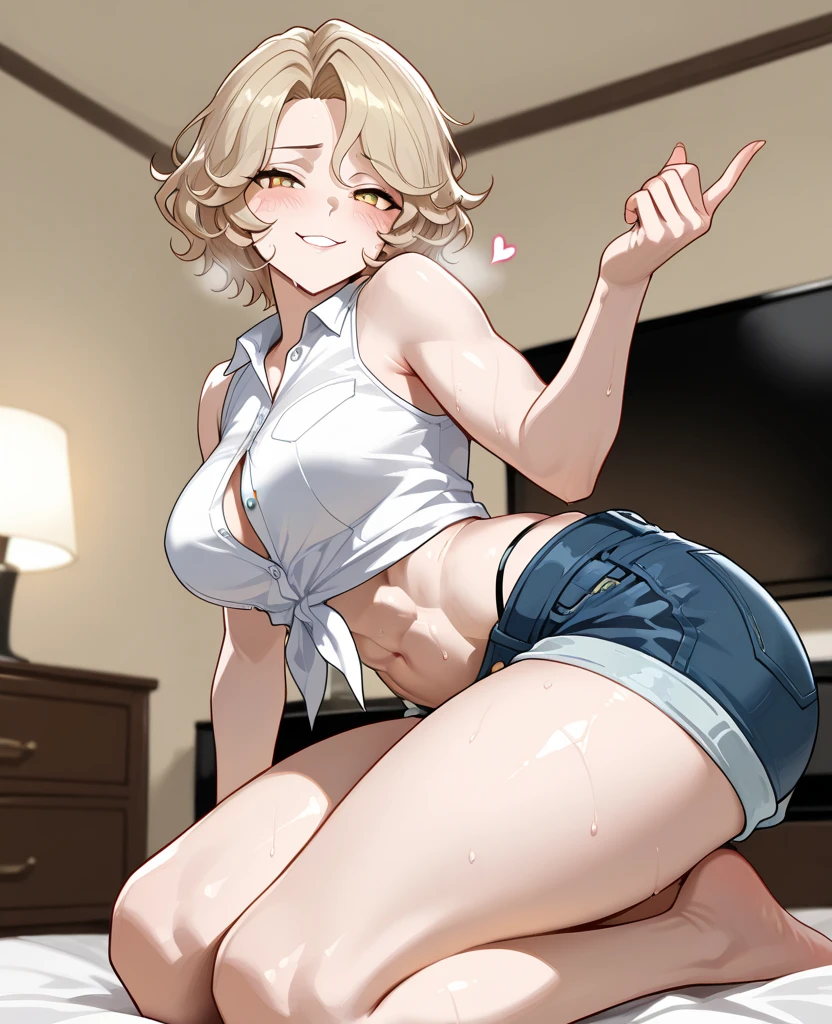 2D,highest quality,(masterpiece),(whole body),Rumia,blonde,1 girl,,young,Small ears,(Healthy brown skin:1.6),(Denim hot pants:1.6),Tank top,barefoot,barefoot,Attractive thighs,Butt,(Red ribbon on head ),Total,Bedroom,get drunk,Sweat,Superior,cheeks are bright red,(Kneeling pose), (wave hands),Cute with bruises,erotic,I feel it,Denim hot pants,night,Heavy breathing,Girl Brat,An evil like a little devil,Heart on head