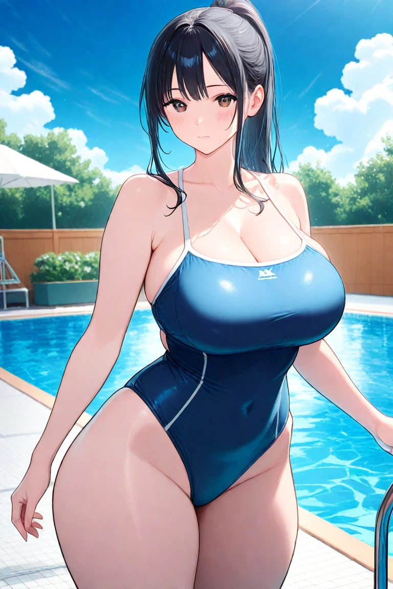 A Cute Girl, Long Brown Hair, Blue Eyes, Extremely Huge Breasts, Very Wide Hips, Very Thicc Thighs, At the Pool,