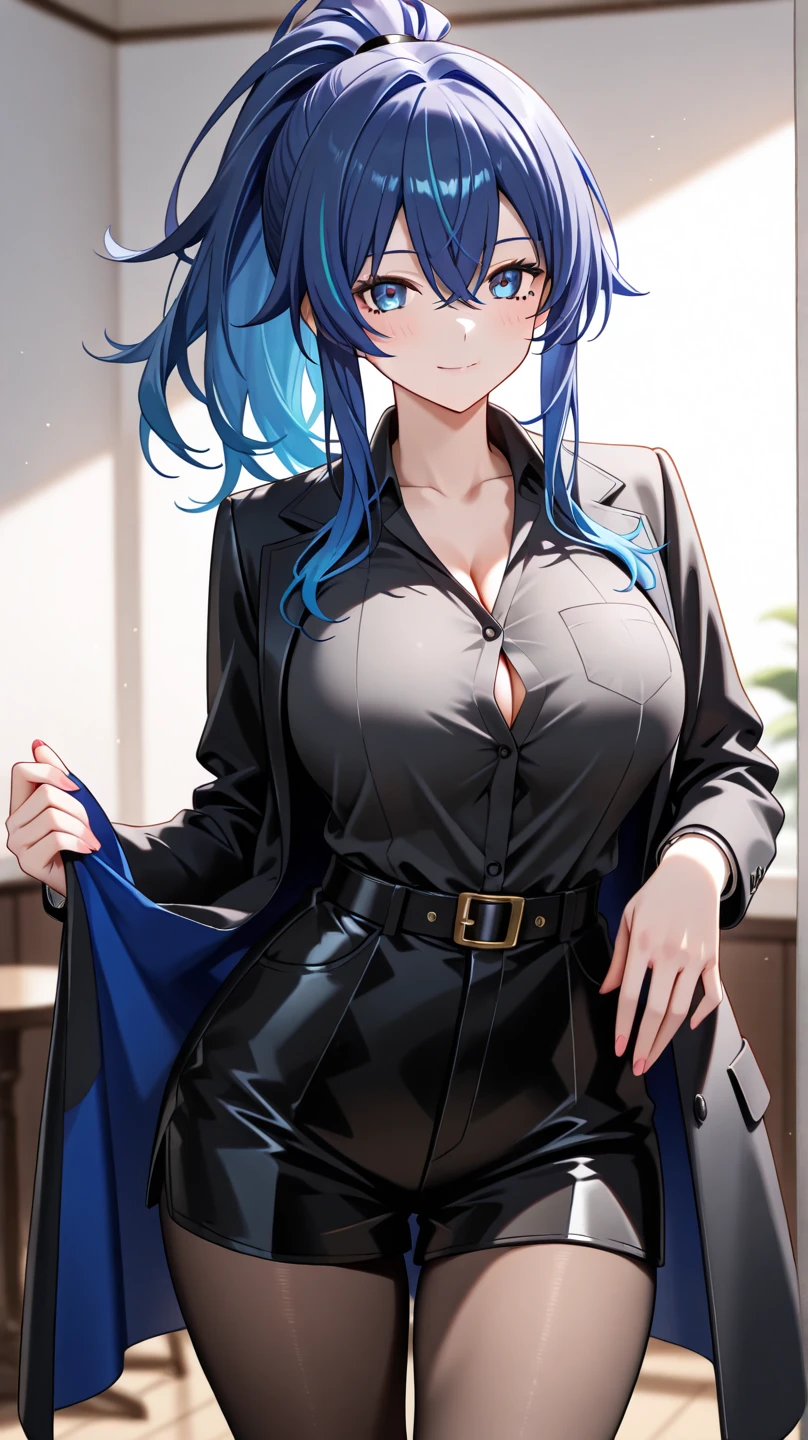 top-quality、top-quality、femele((18year old、japanes、、cute little、A dark-haired、Longhaire、Black Y-shirt with the second button open、Blue Pants,big bast、Bust 95、A smile、Breasts wide open、A slender、Entice viewers)),hiquality、depth of fields、Background with((Stylish hotel rooms))、a bed((laying on back))