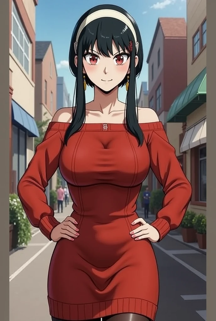 1 girl,alone,your forge,masterpiece,best quality,high resolution,long hair,black hair,white headband,red eyes,golden earrings,big breasts,medium waist,wide hips,wide thighs,round butt,jewelry,shoulders uncovered, red sweater, sweater dress, cleavage, long sleeves, black pantyhose, bare back, perfect anatomy, looking at viewer, looking straight, sexy body, point of view (from above), standing, outdoor