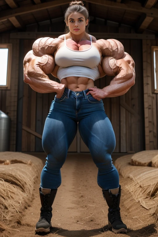 full body view, Cute lovely 20 yo woman, platinum blonde bob haircut, bulging full chest, pink tank top, free midriff, long baggy trousers, sixpack abs, strong well defined muscle, lean powerful bodybuilder physique, perfect and flawless musculature, great muscle definition, perfect six-pack abs