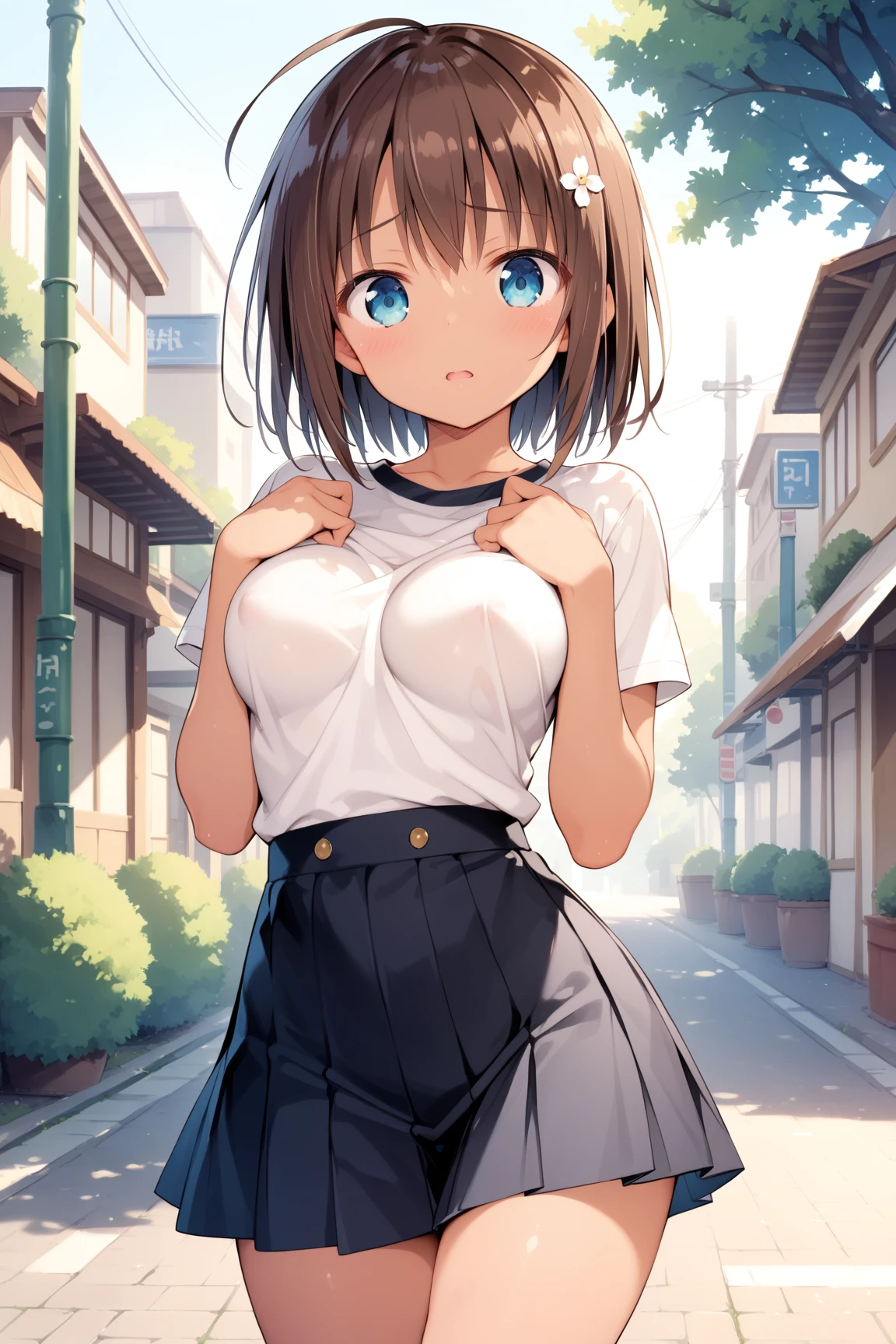 View from below、Embarrassed、Big breasts,Roll up the sleeves of your skirt to show your panties、NUDE、Black Hair、short hair、Hair Ribbon、panties、white panties、(((white panties))),Floating nipples