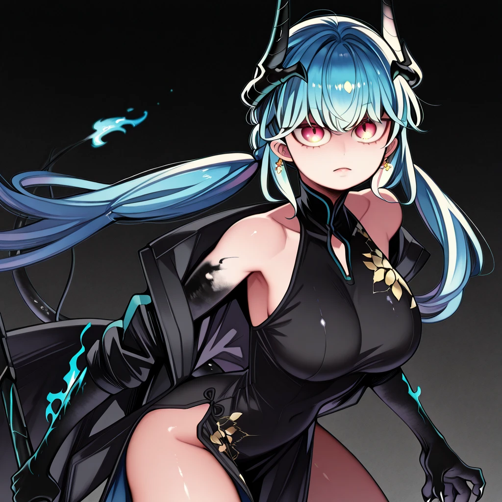 1 Girl, ,Small Breasts, whole body,Black tights,coat,Cyberpunk,(((Lace glove on right arm)))、blue eyes,(((Silver hair))),Zhongfa,(Hair covering one eye)、Sexy,Charm,Black tentacles entangled,Tattoo