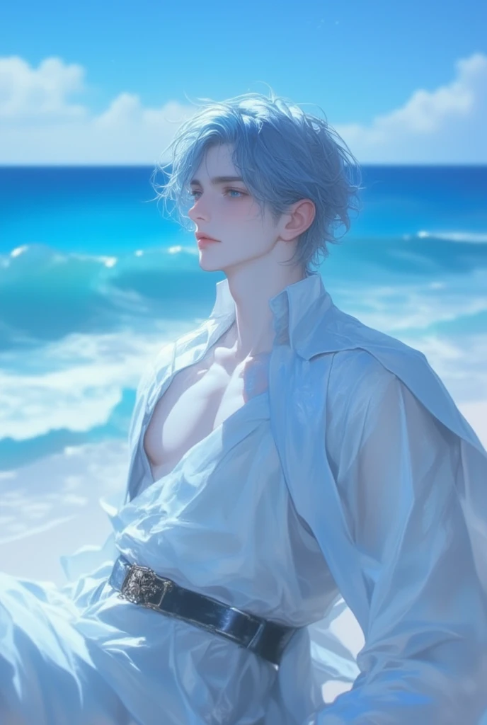 cerulean sea, white sand, beautiful anime guy, huge seashells, jellyfish