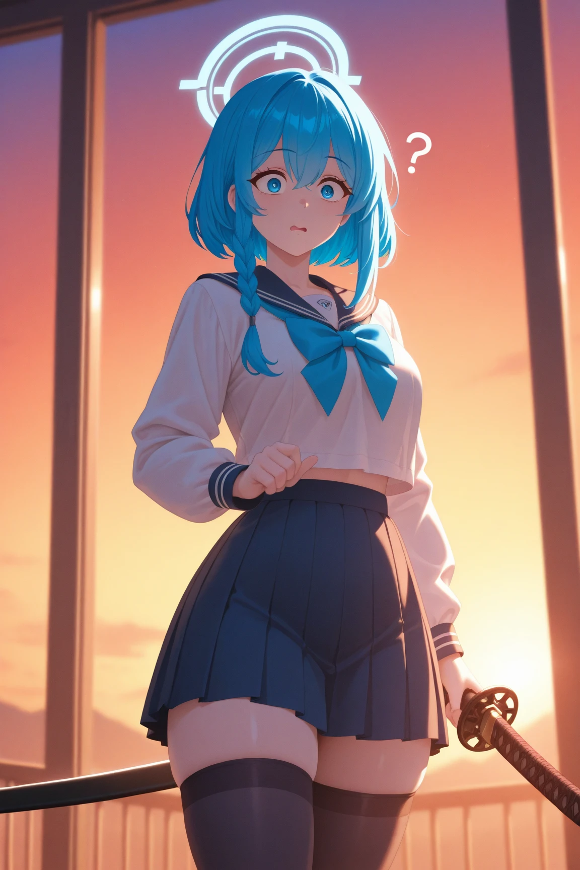 masterpiece, best quality, 1girl, solo, indoors, :d, animal ear fluff, animal, backpack, arms up, bandaid, blue eyes, blue hair, blue shirt, blue skirt, blue sky, bob cut, cloud, day, from side, hair between eyes, headphones, long hair, looking at viewer, looking to the side, off shoulder, open mouth, outdoors, pleated skirt, puffy long sleeves, puffy sleeves, shirt, skirt, skirt lift, sky, smile, very long hair, wide shot, masterpiece, best quality