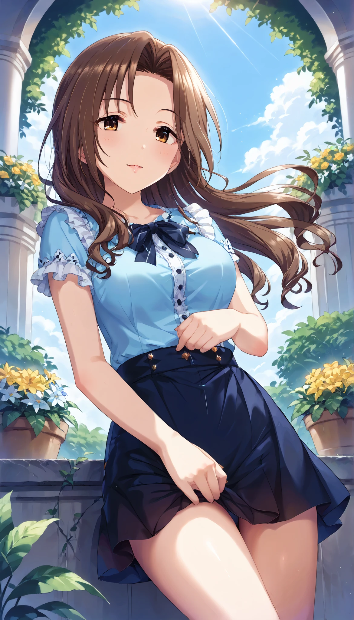 1 beautiful girl of 20 years old, anime girl, very cute and beautiful girl, altar, church, inside, from behind, looking back, brown hair, bangs, hair over shoulder, long hair, messy hair, wavy hair, hair one side up, hair ornament, hairclip, heart hair ornament, aqua eyes, wide eyes, heart earrings, blush, bright pupils, jewelry, glossy lips, necklace, blush, cowboy shot, looking at the viewer, down on my knees, (elegant blue plaid lolita dress with detailed ruffles), detailed lace, skirt lift, shows her ass, (white panties), big and round breasts, thin waist, shapely thighs, open legs, (Best Quality, Masterpiece:1.0), absurdities, high resolution, ultra detailed, extremely detailed, 32k, 8K resolution, intricate details, movie scene, detailed background, Alone, dynamic angle