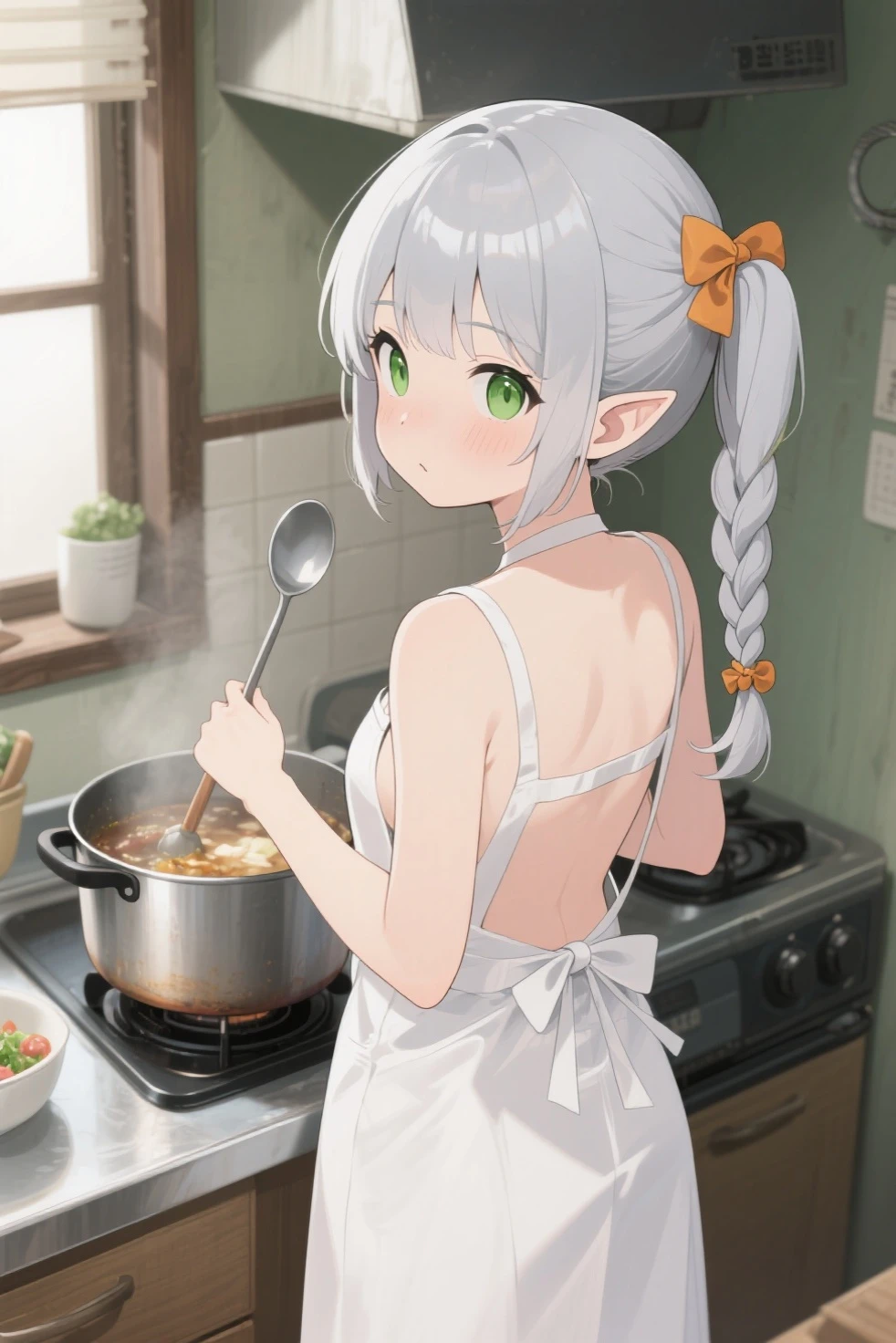 Silver Haired Elf、Naked Apron、kitchen、piece、cooking、Smiling face、Thicker thighs