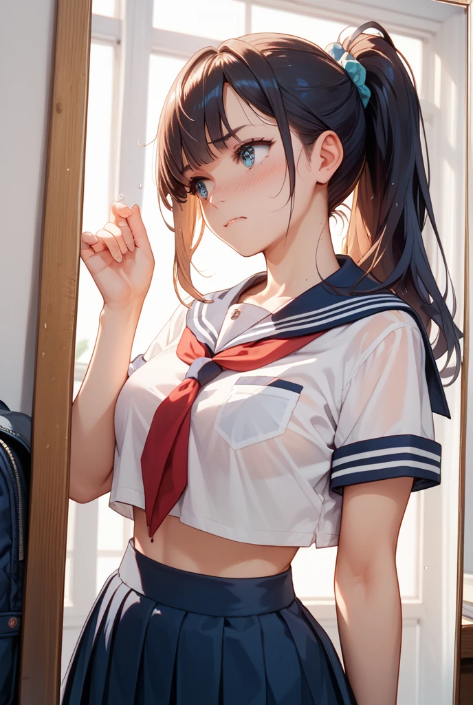 nsfw,alone, (One girl), Elementary school girl,8-year-old, ((White panties)), (wearing only the top half of sailor school uniform), Sailor with un-folded hems,  sexy, (Cowboy Shot),  ((arms behind back)), classroom, With a girl：hair is black and short, Her face is round and cute, Black Hair, Low twin tails, Are standing,Shy, Embarrassing,from below,legs apart,