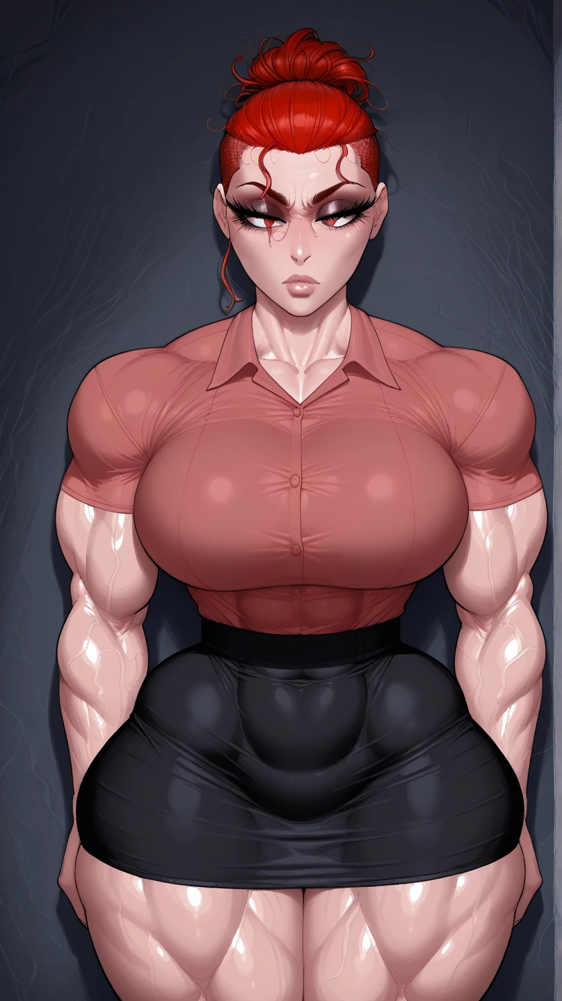 MILF BIMBO KNEELING RED short bob haircut hairband female wearing a pink pajamas and playing video games, pink outfit, tv, fluffy teddy bear toy 🧸 🐻, bed, pillow, gazed blindfolded eyes, bodybuilder abs toned