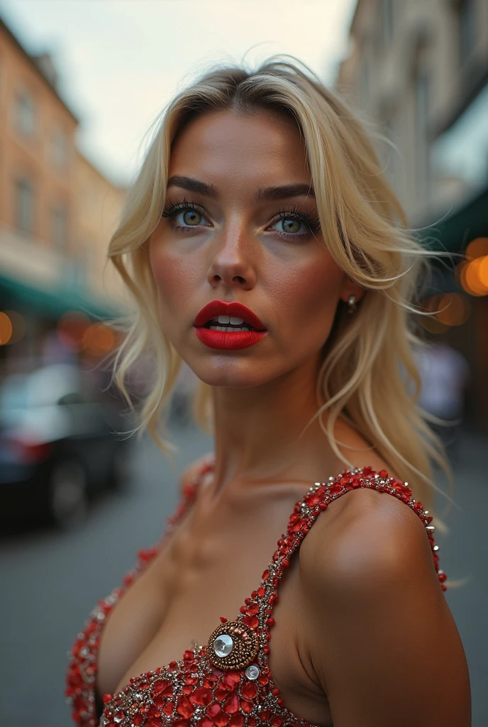 blonde woman with wavy hair, 2, red lips, view from the side, small mouth closed, medium , blue eyes, realistic photo, glamour photo, in street, high pov, looking down, full naked body 