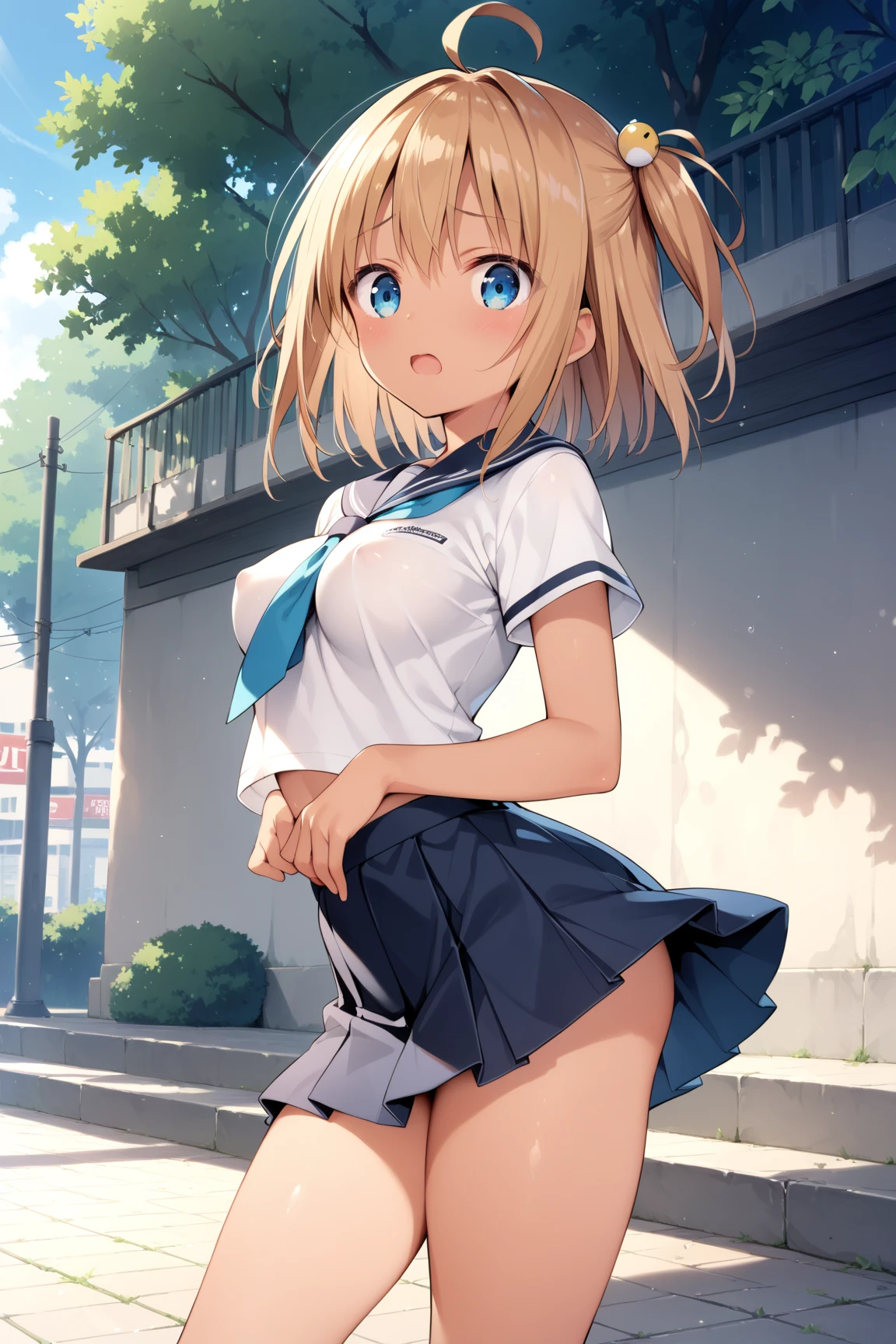 ((highest quality)), ((masterpiece)), (Very detailed), (Very high resolution), 4k, Anime 2D Rendering, Realistic, 
One Girl:1.5, 
BREAK Symmetrical Face:1.4, Perfect Face, Beautiful clavicle, Beautiful fingers, Beautiful breasts, (Slightly smaller chest), 
Beautiful body, Beautiful thighs, Beautiful feet, Perfect round butt, (Detailed skin, Tanned dark skin:1.5, Shiny skin:1.4), 
Baby Face, cute, (A little young child:1.2, 12 years old), 

Double eyelids, Natural eyebrows, 
(Beautiful and delicate eyes, Sparkling eyes, Dark blue eyes), 
plump mouth, Glossy mouth, 
BREAK Beautiful Hair, Shiny Hair, Hair fluttering, bangs, ((Blonde, Very Short Hair)), 
BREAK 

((Collared short-sleeved shirt, White shirt, Blue plaid pleated skirt, Blue tie))、(Black Pantyhose、loafers)、透け感のあるBlack Pantyhose:1.4、loafers)、
Earrings、BREAK A captivating smile, (Character Focus, breast focus), look back, sit, whole body, 
