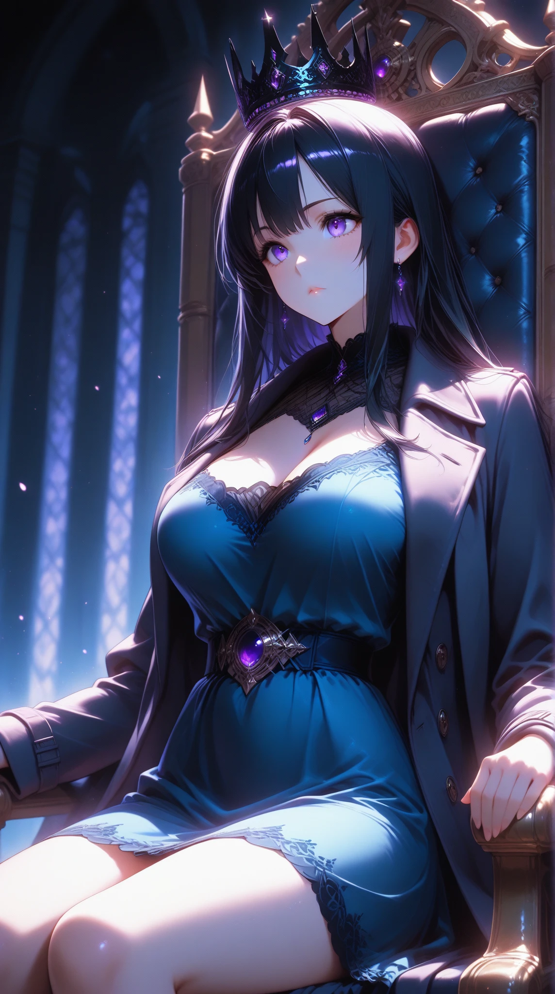 You can create an anime girl with big breasts, purple hair and a gray jacket sitting on a throne of skulls., Completely blue eyes and a scar on one eye