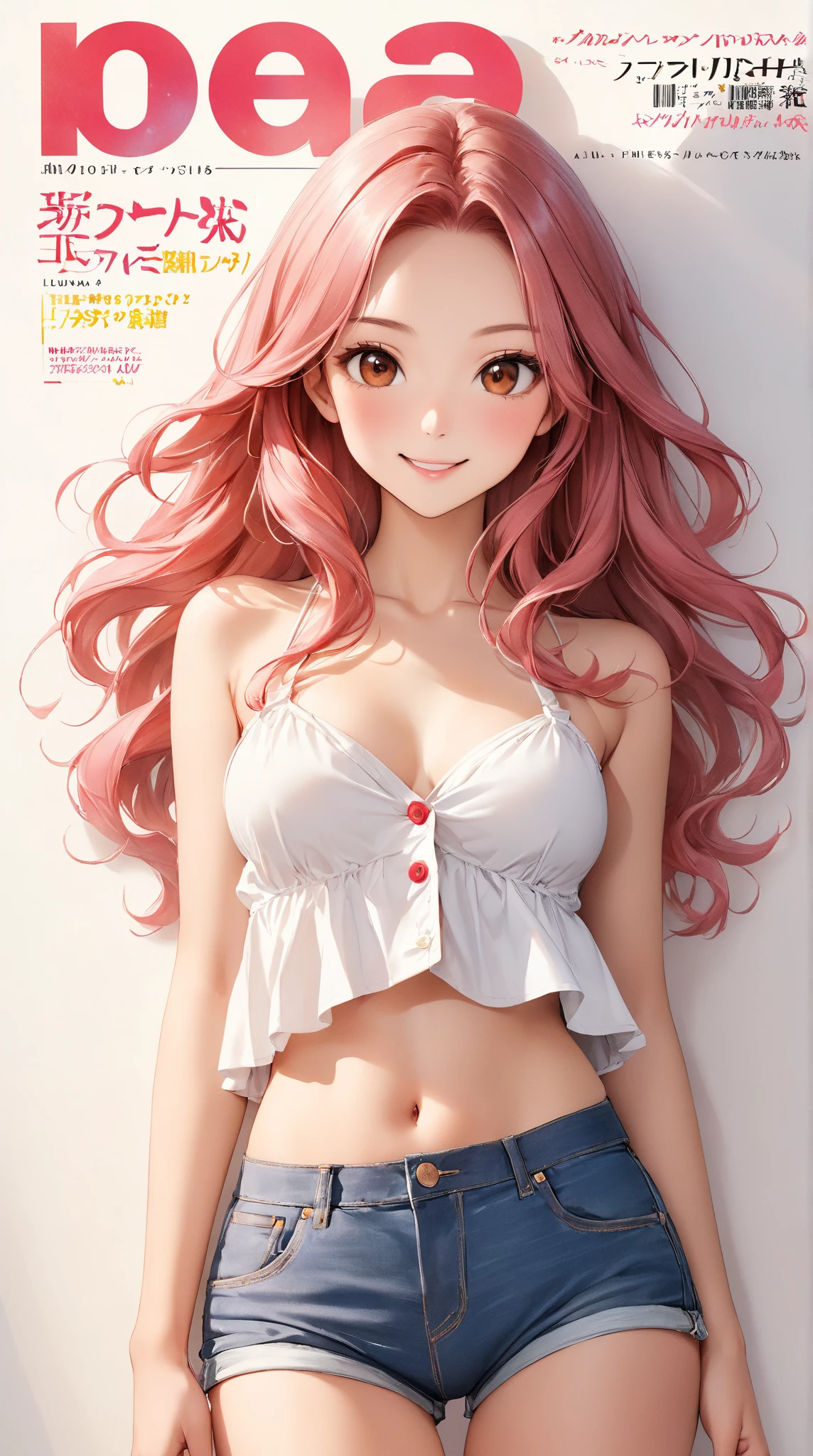 (((pink bra))), Very detailed、highest quality、Best image quality、masterpiece、8k、Anime Face、A kind smile、Open Mouth、(brown long hair:1.5)、big breast, sexy、 beautiful body 、Cowboy Shot, Sexual Intercourse, ((pink eyes)), hotel bedroom, ((( Jeans))),