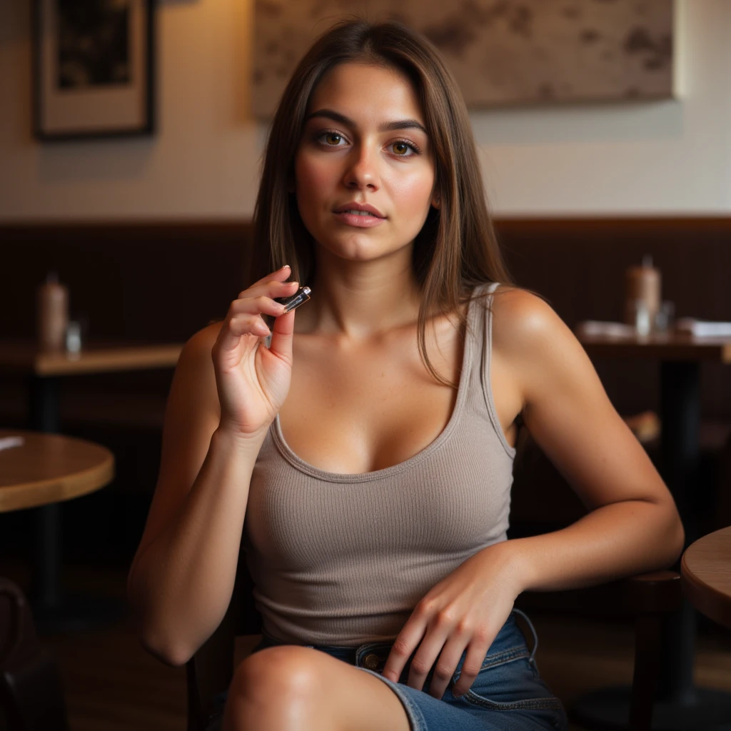 Best quality, in a bar, sitting at a table, multi-colored bomber, beautiful face, gray hair, bob hairstyle, smooth, neat nose, beautiful girl, breast size 2, gray eyes, sweet lips, slender figure, perfect face.