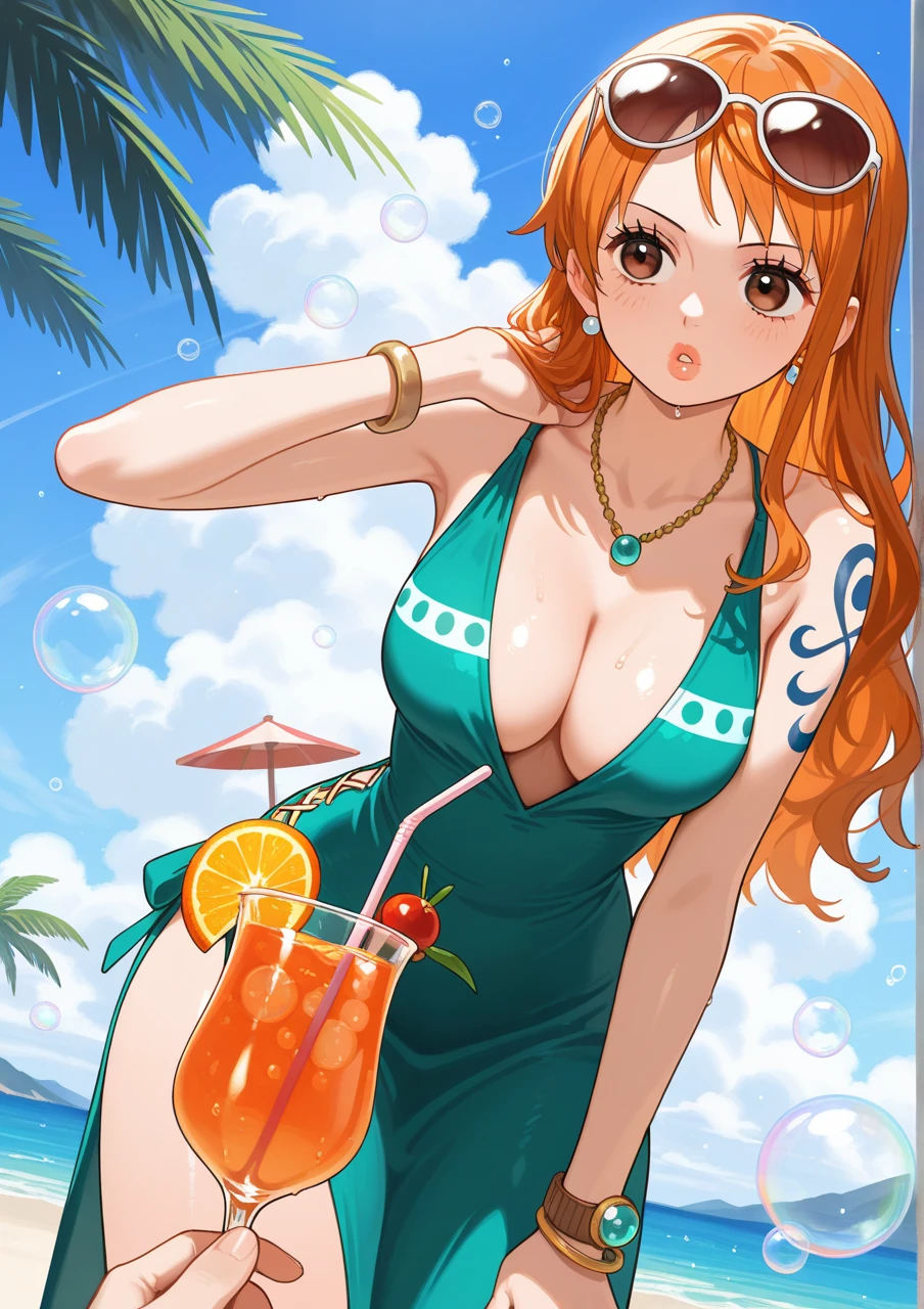 Cocktail dress, body fit see through,curvy athletic body, nami, orange long hair, brown eyes, looking at viewer, shy, smiling, molhadinha, seios amostra,
