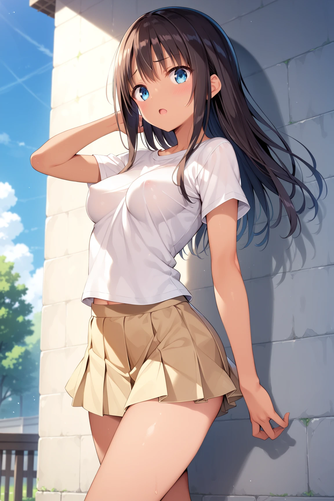 (lifestyle photography ) of beautiful girl, 20 age,detail face, detail eyes, slim body,long hair, brown hair, (wearing croptop, miniskirt), (panties:1.1), (standing in front of camera,looking at camera), blue sky in background ,(from below, low angle:1.2),(natural lighting :1.2), FujiFilm X-T4,blue luminous eyes