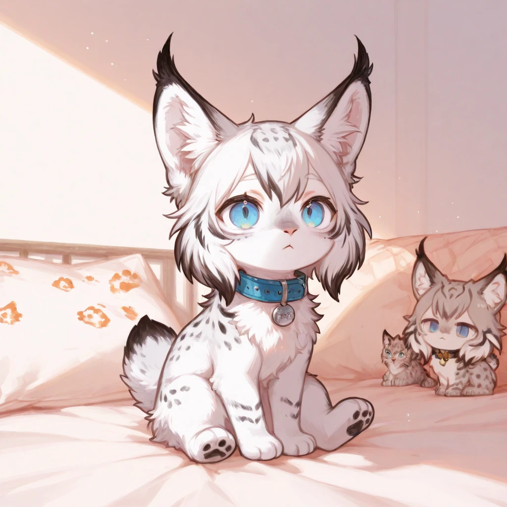 A white cat with blue eyes tied with a rope in the room,Trapped and unable to break free, white cat struggling,The neck locked by the collar!!!!Limbs tied with ropes!!!!One night on the bed in the room,horrified expression,Hips facing the camera