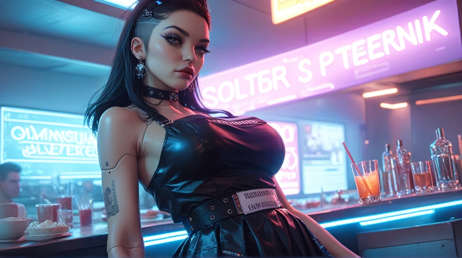 Gorgeous emo goth woman in a ripped skirt and a shredded loose white tank top missing a shoulder, tattoos, quite long flowing loose untied unkempt hair, shapely figure, in a nightclub in the evening, neon lights, perfect beautiful mature face with big beautiful eyes, freckles, sunset, colorful contrast in shadows and light, masterpiece, hips, dancing, cleavage