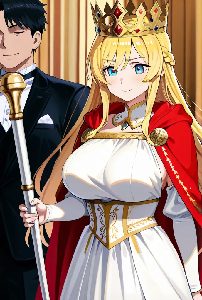 Cristalina, 20 years old, long blonde hair, light lilac eyes, huge breasts, open white dress, standing in the palace garden in the dark with the prince alone, looking into his eyes with a happy smile..hentai