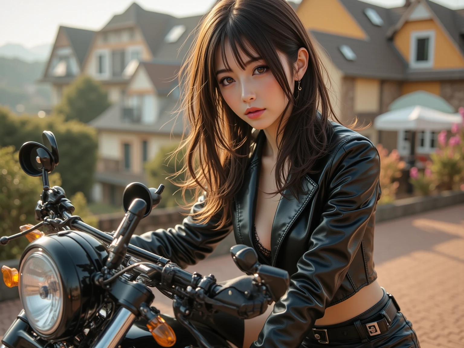 1girl in, Bikes and glamorous beauty、Focus on the hips、Cool pose、Looking at the camera、Riders Jacket| (Metal decoration、Large emblem on the back), Too short shorts │ leather、Exposing your feet、Rider Boots、American Highway、masutepiece、top-quality、Reflector、profetional lighting、Motorcycle magazine cover style photo