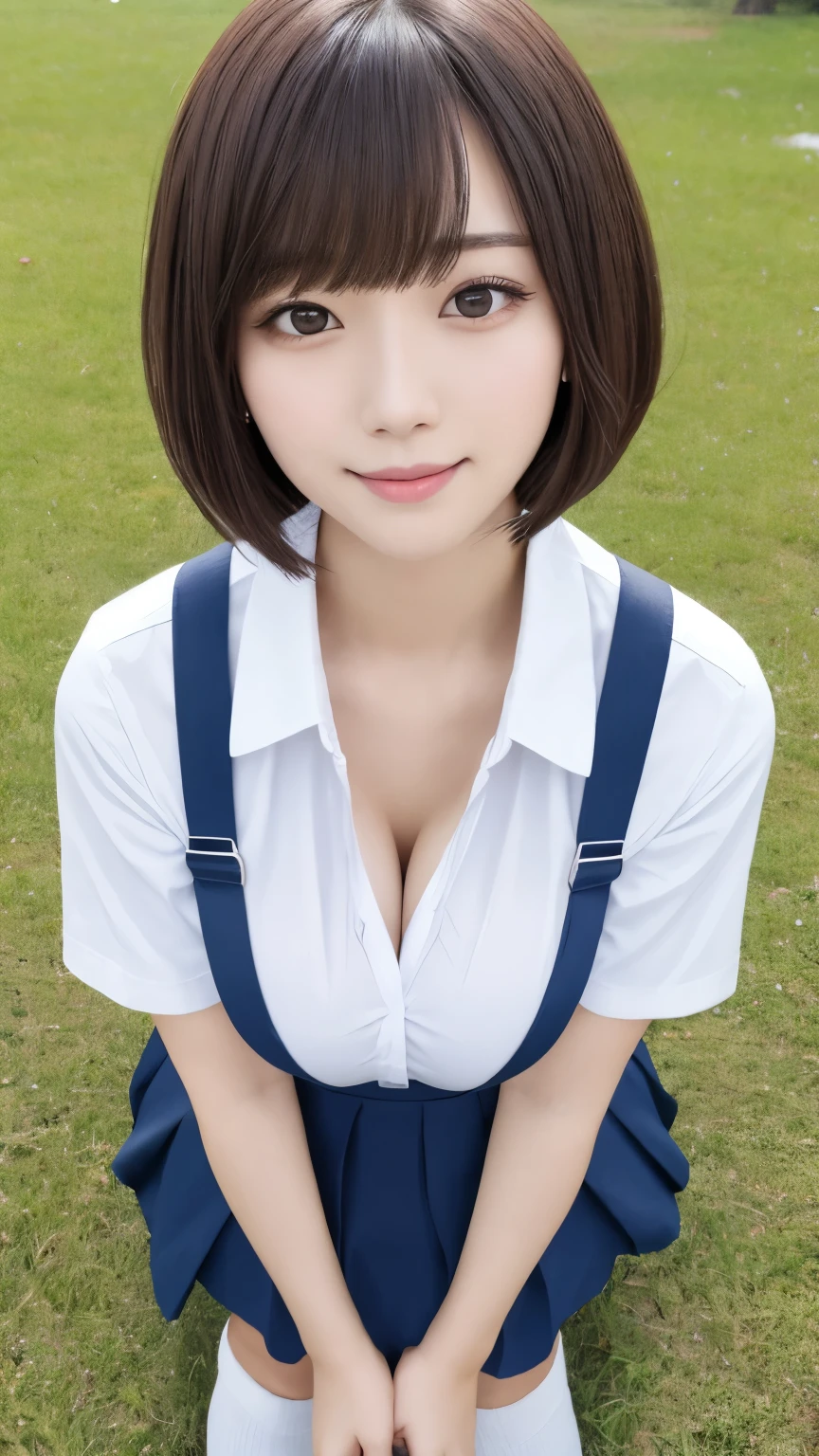 Group photo、((Layered Haircut)),(8K,Highest quality),Full Body Shot,Shot from medium distances,School classルーム,student,class,class,open-collar shirt、Wear a JK skirt,Full body photo、 Adorable, smile, length, brown hair, 32k, masterpiece, Best image quality,Ultra-high resolution,Perfect hands,Black Choker、blue eyes、bangs、Very numerous and very long eyelashes、uniform、 School、Summer clothes、((Big Breasts))