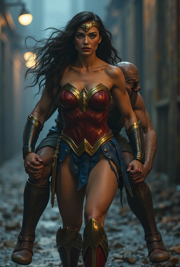 (Masterpiece, Top Quality),1girl ,{{Depth of field}}, Hyper detail, 1woman, (Victoria's Secret Model Wonder Woman), Single, Full Body, (Intricate Details, Makeup), (Delicate and beautiful delicate face, delicate and beautiful delicate eyes, face with perfect proportions), High-detail skin, delicate skin, Best proportions Four fingers and one thumb, strong and realistic blue eyes, realistic black hair, lips, makeup, natural skin texture, tiara, leotard, bulletproof cuffs, red boots, (public clothing:1.3), slightly sunburned, mature, sexy, elastic muscles, (muscles:1.3), ((strong and healthy body)), (((((more) muscles))), wet body, wet hair, long legs, curved, thick thighs, wide buttocks, thin legs, (big breasts: 1.2), thin waist, soft waist, (delicate skin), (wet body: 1.0), (beautiful and sexy woman), (swollen lips: 0.9), (eyelashes: 1.2), very delicate muscle definition, LED panel lights arranged in a square shape to mimic existing indoor fixtures, Urban slums controlled by mafiosi, armed with hacked police weapons such as machine guns and taser shotguns, ((top quality)), ((masterpiece)), ((realistic)), (detailed), cinematic lighting, complex, high detail, sharp focus,