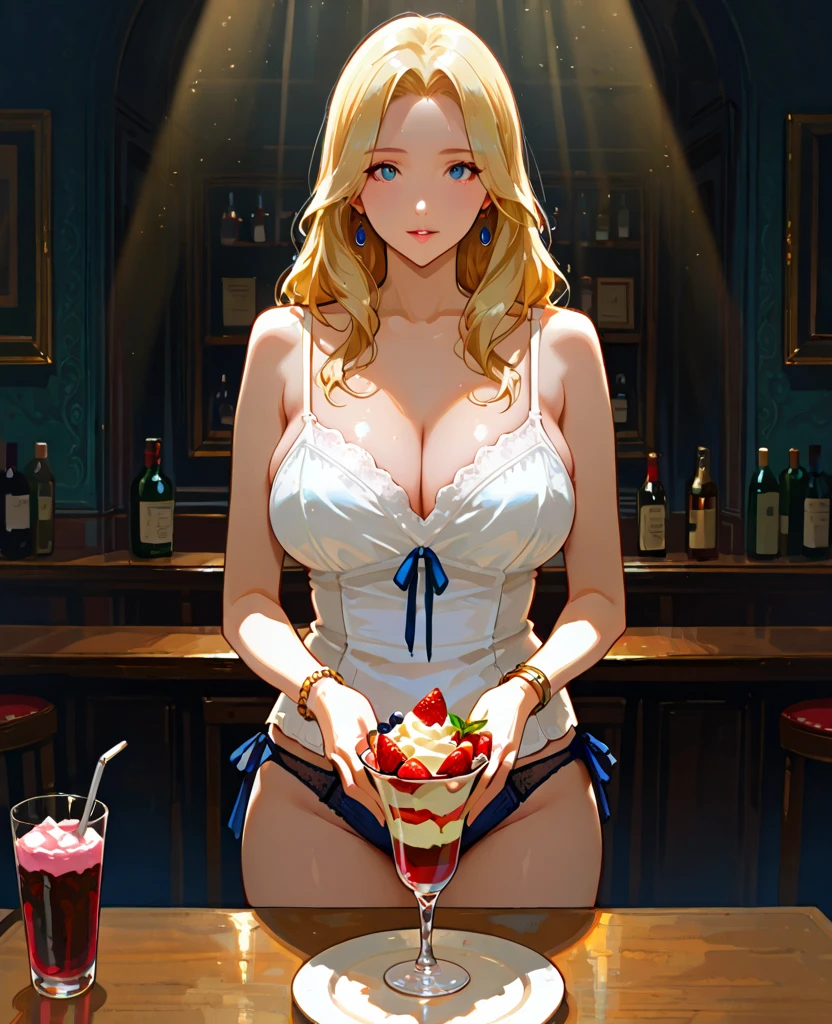 1 girl,  (masterpiece, Detailed background, best quality), Long, shiny hair, blonde hair, underwear, giggle, juicy lips, bitch juice, red lips, perfect eyes,