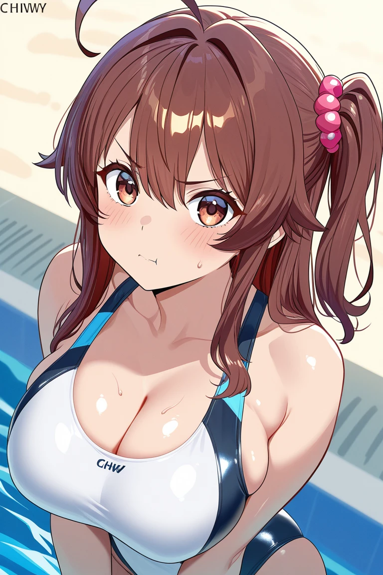 Daiwa Scarlet \(umamusume\), ((Abdominal muscles)), ((Muscular body)),Brown Hair, Hair intake, Red eyes, length, Smooth Pigtails, (Black micro bikini swimsuit), Horse tail, (Very detailed), Big Breasts、超超Big Breasts、Very very very big breasts、Thin black swimsuit、Thin, see-through breasts、Breasts about to burst from swimsuit、Saggy breasts、Voluptuous bust、Bust Size H Cup、Melon-sized bust、Wet black bikini swimsuit、Sweat、Sweatまみれ、Sweatだく、Beautiful breasts、Black bikini swimsuit、Artistic swimsuit、Erect nipples 、Wet vagina、 masterpiece,highest quality, fine grain, Official Art, smile, Pool, Open your mouth, frontage、sunny